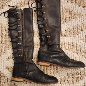 J Shoes Women's Brown Leather Knee High Lace Back Boots Size 9